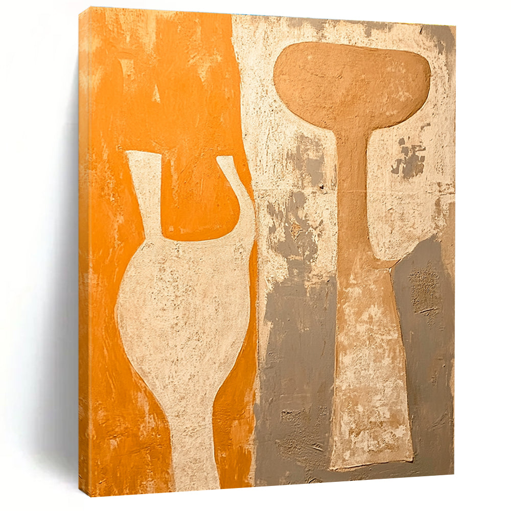 Orange Gray and Beige Vase - Shaped Abstract Painting with Textured Background GER060