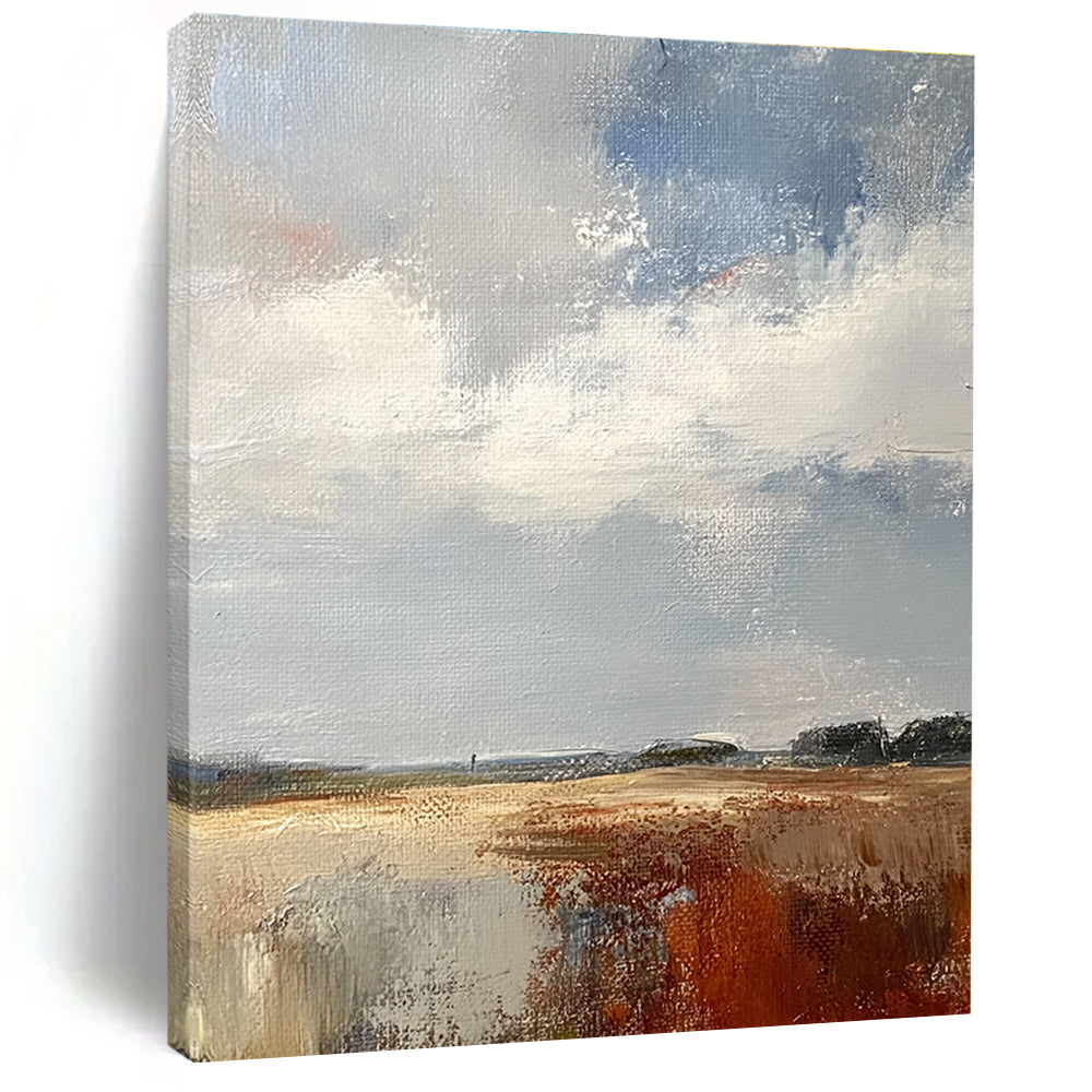 Large abstract painting featuring a white sky grey and brown clouds over the English countryside in muted colors and textured brushwork.STSC172