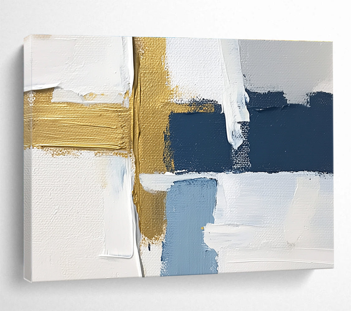 Large abstract painting with white blue and gold blocks featuring brushstrokes and texture showcasing a golden cross for depth in a serene atmosphere.SC267