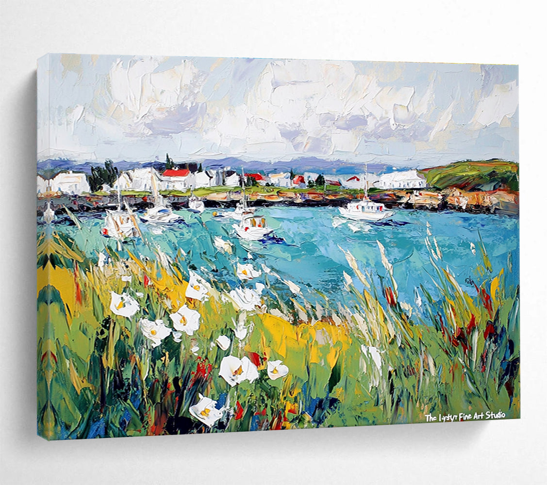 A large abstract painting of Reykjavik's harbor featuring vibrant boats and blooming wildflowers against a lively sky, showcasing nature's harmony with human creation.SC527