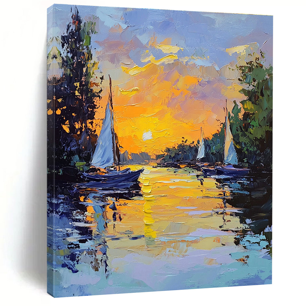 Large abstract painting featuring sailing boats at sunset with vibrant yellow and blue tones and thick brush strokes creating an impressionistic scene.STSC1419