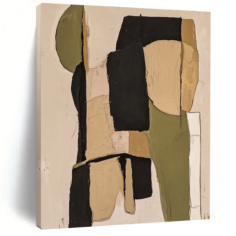 Large abstract painting featuring sage green and black tones with beige and neutral colors for a sophisticated artistic touch.STSC481