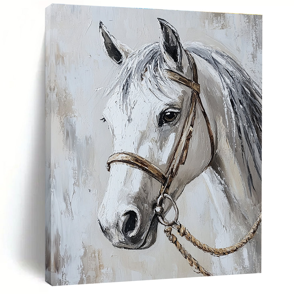 Abstract painting of a white horse's head capturing elegance with flowing grey mane and detailed halter in a luxurious light and shadow composition.STSC959