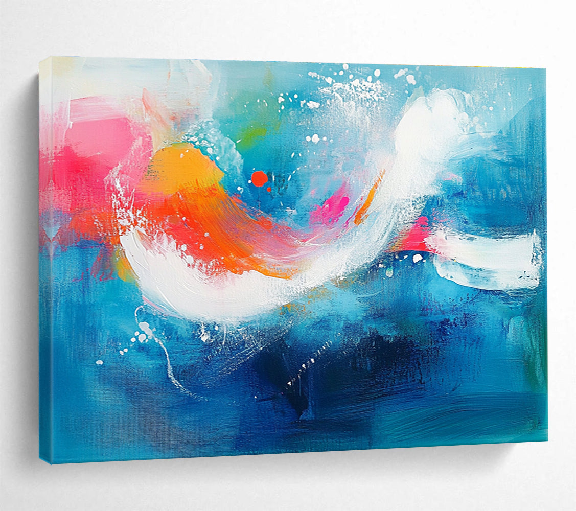 Large abstract painting of an underwater scene featuring vibrant aqua blue background with pink and orange accents and energetic white brushstrokes.SC308