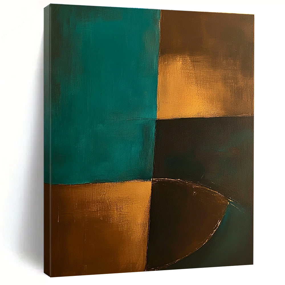 Teal Gold Abstract Painting with Geometric Forms GER707