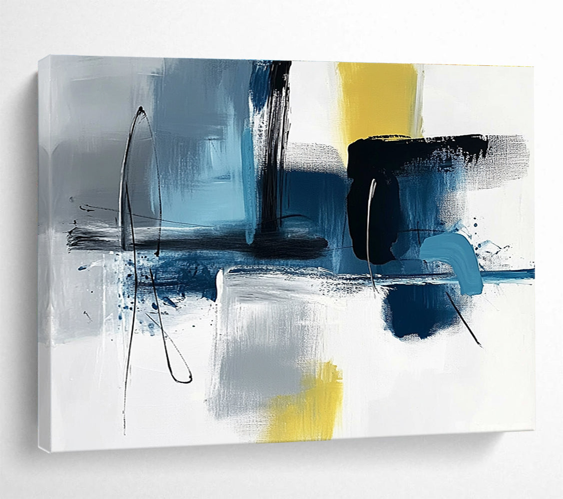 Blue Grey and Yellow Abstract Painting with Dynamic Brushstrokes DYP194