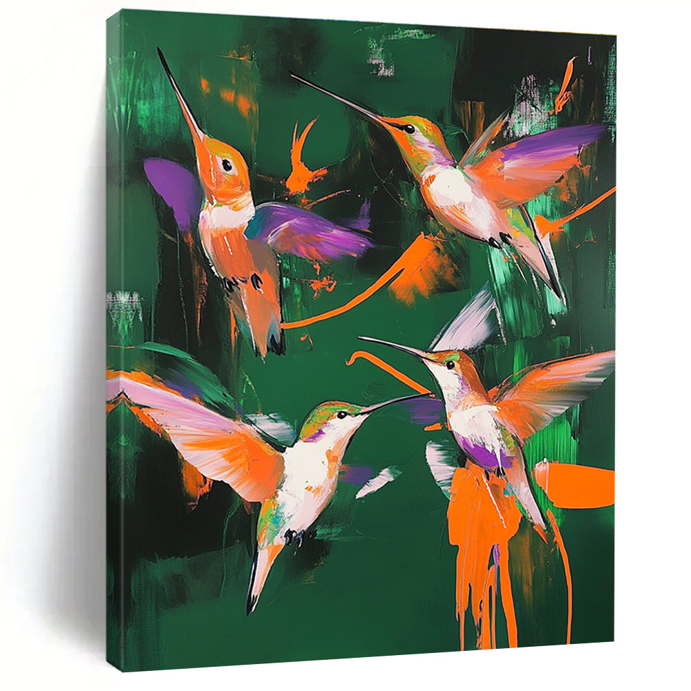 Large abstract painting featuring hummingbirds in vibrant colors with dark green background and bold brush strokes, inspired by Dorothea Tanning's surrealistic style.STSC1014