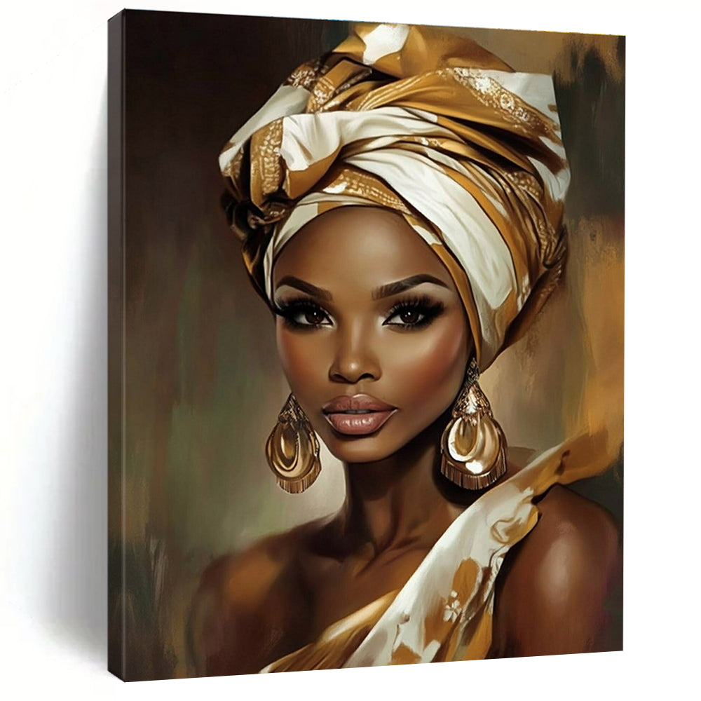 A large abstract painting showcasing a beautiful African woman adorned with a gold and white head wrap and large earrings.STSC892