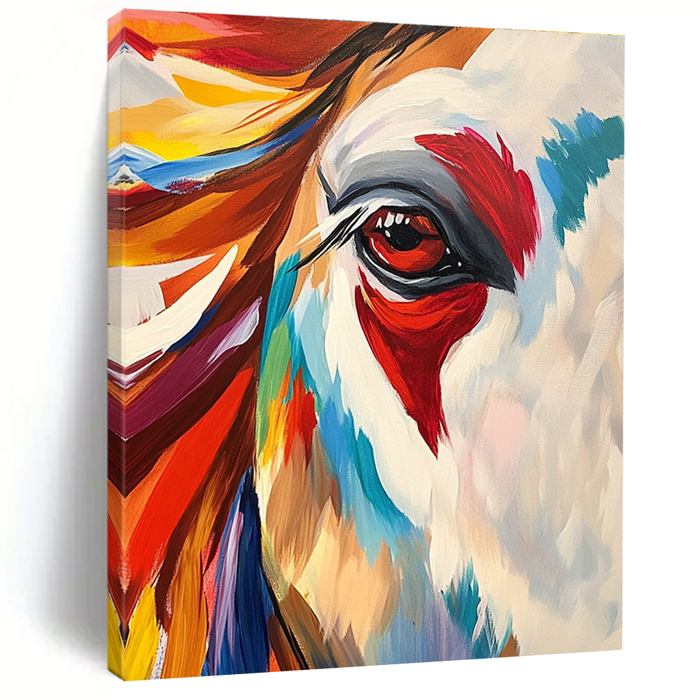 Large abstract painting featuring an Indian horse with vibrant colors bold brushstrokes and dynamic patterns showcasing strength elegance and intricate fur textures.STSC846