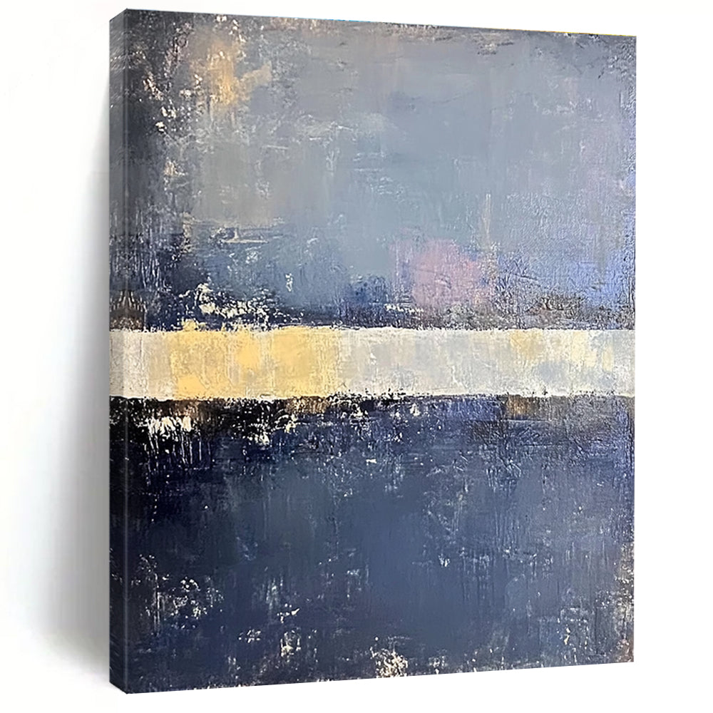 Large abstract painting in faded hues of blue gray and pale yellow with soft edges on a dark gray background featuring a white bar.STSC218