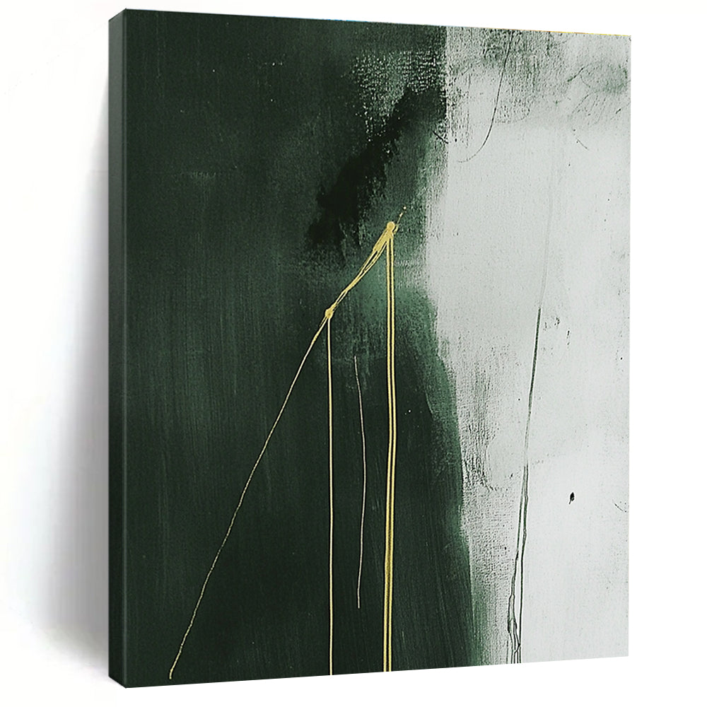 Large abstract painting with dark gray background featuring white and green hues and two growing yellow lines creating a minimalist composition.STSC1241
