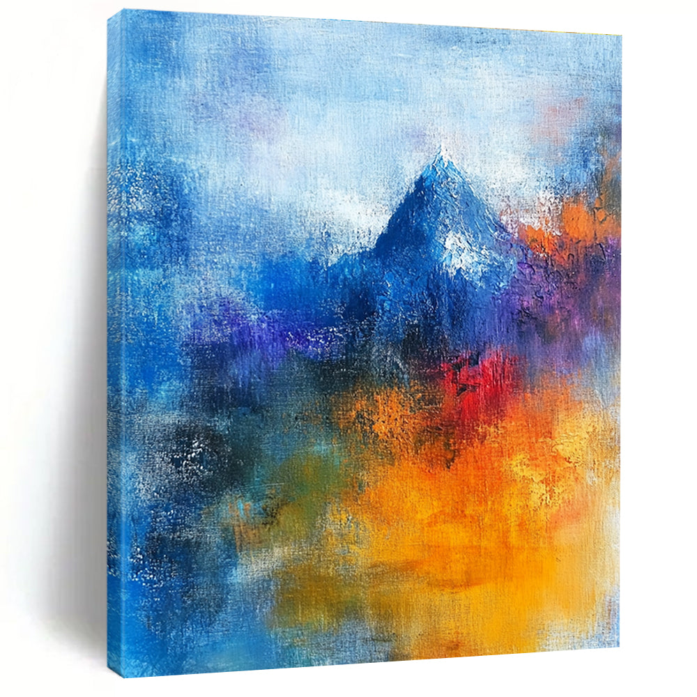 Abstract painting featuring a sacred mountain with vibrant blue and orange hues, human figures in prayer, and a blurred Christ figure, conveying deep spiritual themes.STSC249