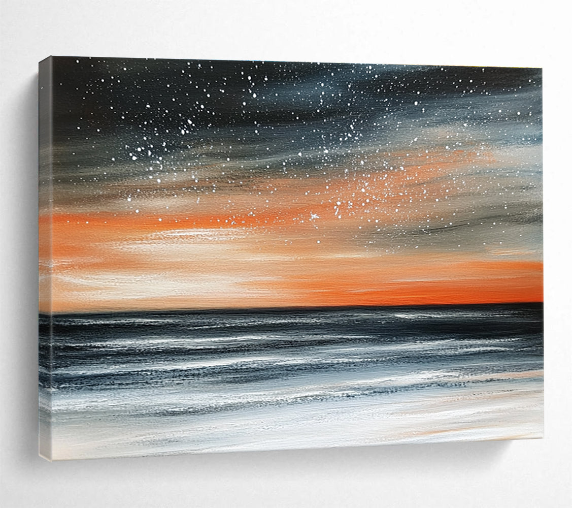 Starry Sea Sunset Abstract Painting with Orange Black and White DYP289