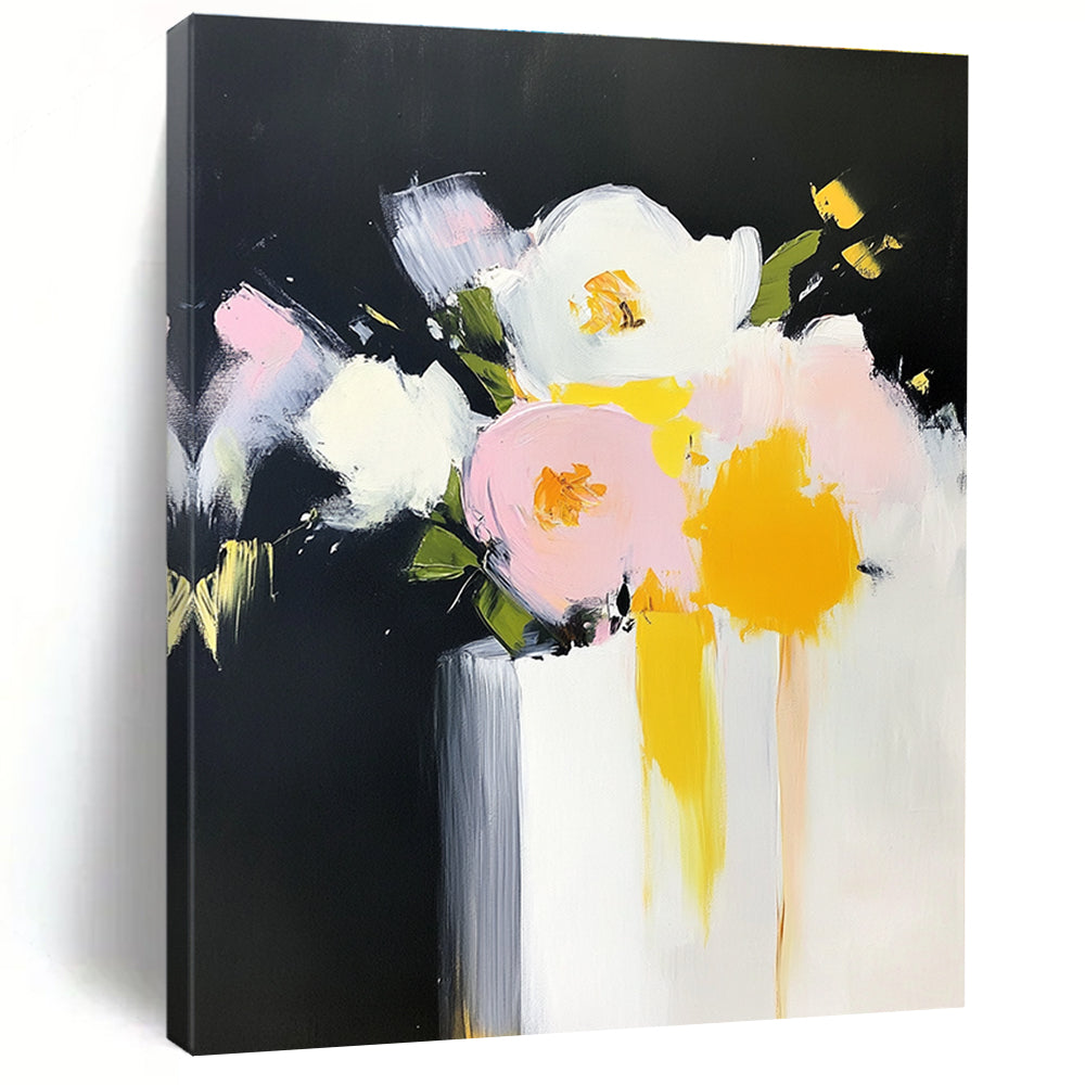 Large abstract oil painting of flowers in a vase with bold strokes in yellow and pink against a white background.STSC183