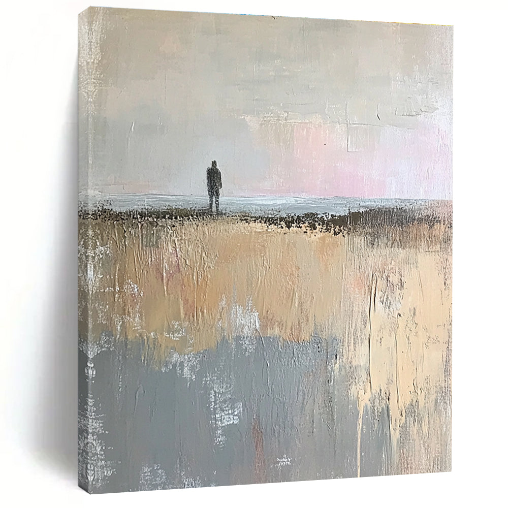 Large abstract painting in muted beige and gray tones showcasing a tranquil open field and distant sea horizon with soft brushstrokes.STSC101
