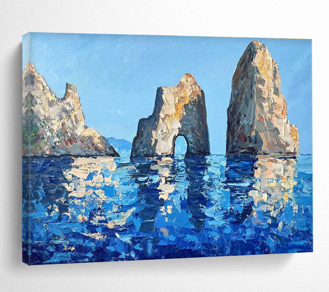 Blue Beige Sea Stack Rocks Abstract Painting THY478