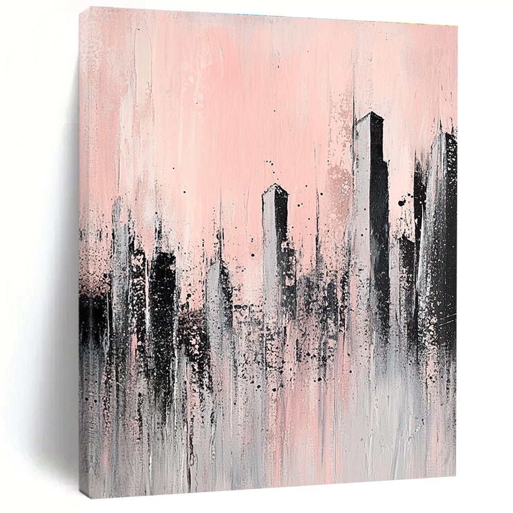 Large abstract painting of skyscrapers in pale pink and grey featuring unique textures that evoke a sense of urban elegance and tranquility.STSC332