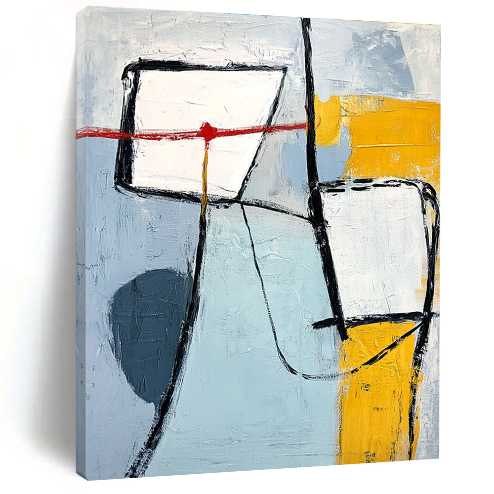 A large abstract painting with light blue gray and yellow shapes thick black lines and a prominent white square in the top-left corner.STSC613