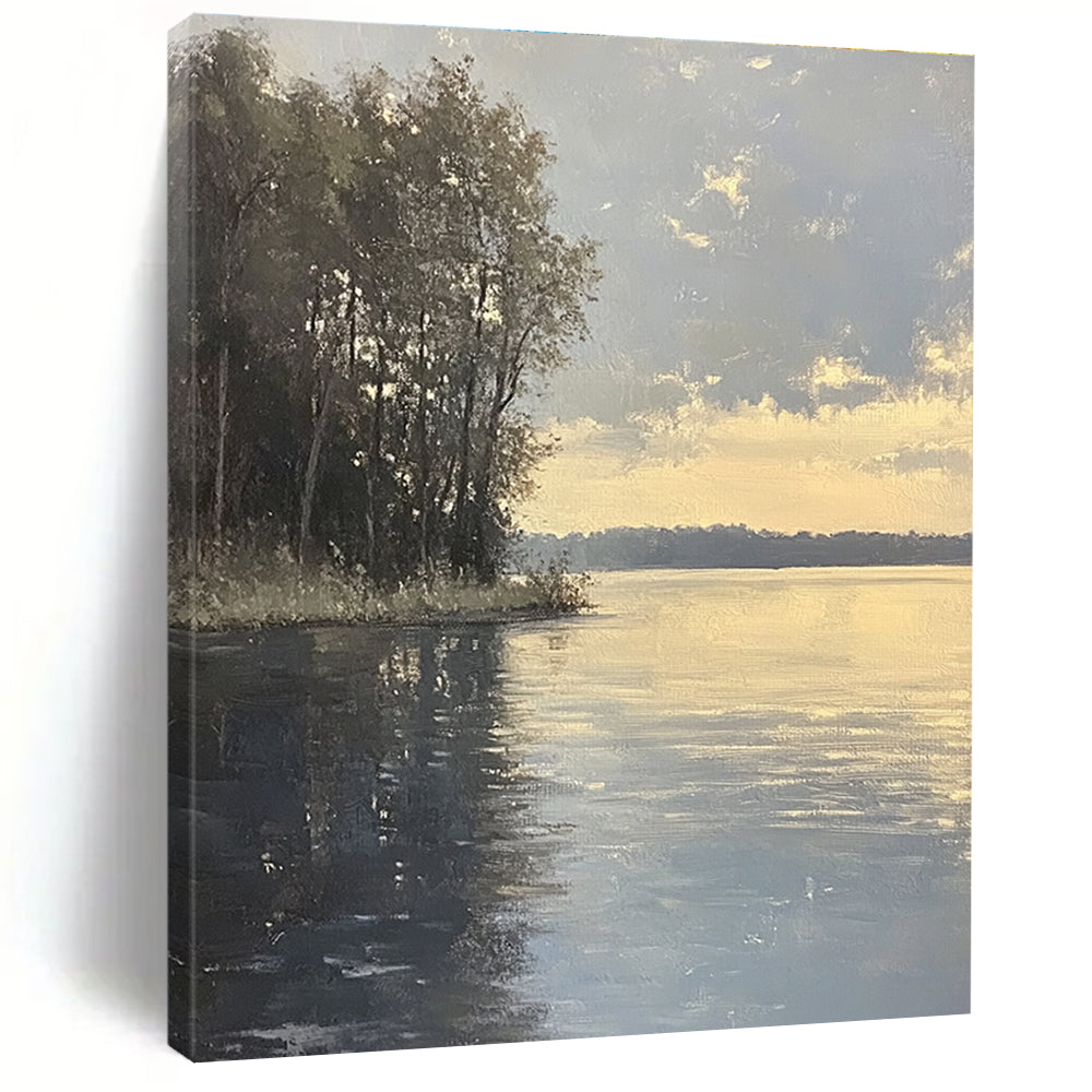 Large abstract painting capturing an overcast lake with tree silhouettes and serene gray reflections in the evening light.STSC885