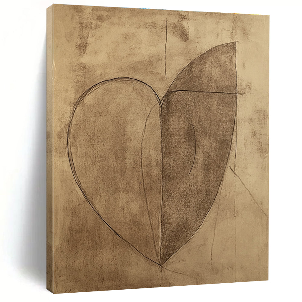 Large abstract heart drawing on brown paper featuring a continuous line shaped like a half-moon.STSC983