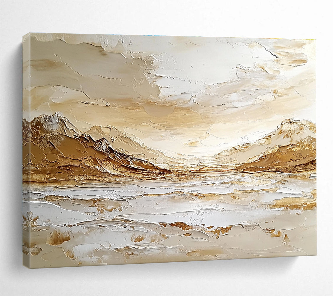 Large abstract painting depicting an Arctic landscape with mountains, sea waves, and sky in warm tones on textured canvas using impasto technique.SC621