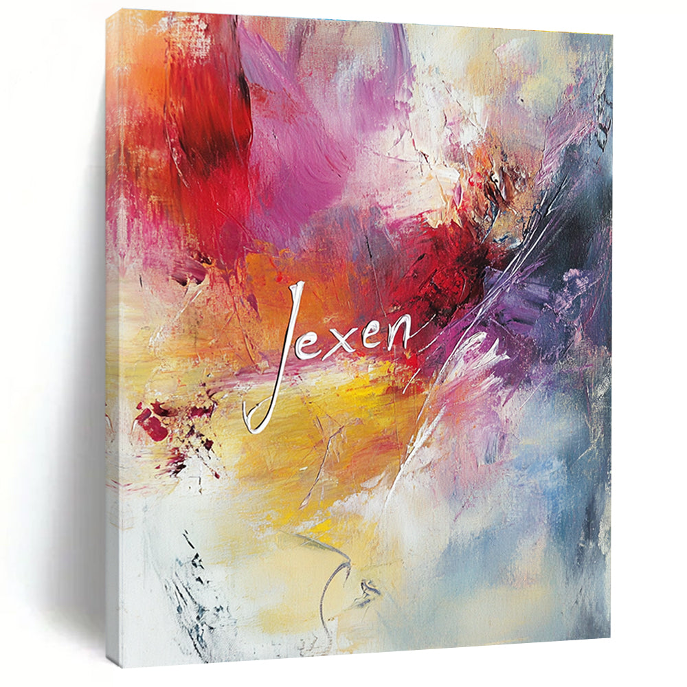 Large abstract painting with pastel colors featuring the word Jexen in elegant script surrounded by swirling patterns evoking tranquility and creativity.STSC802