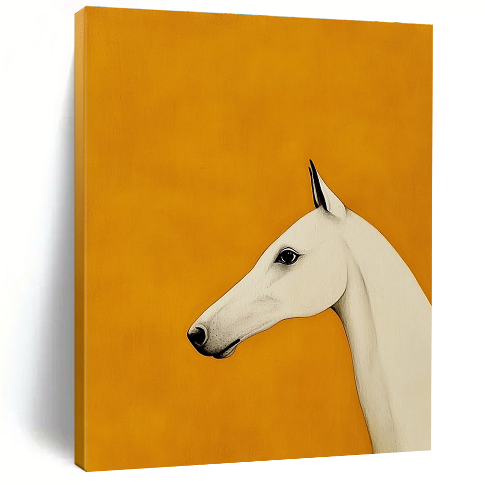 A large abstract painting featuring a minimalist Arabian greyhound design with a white horse's head on an orange background.STSC1063