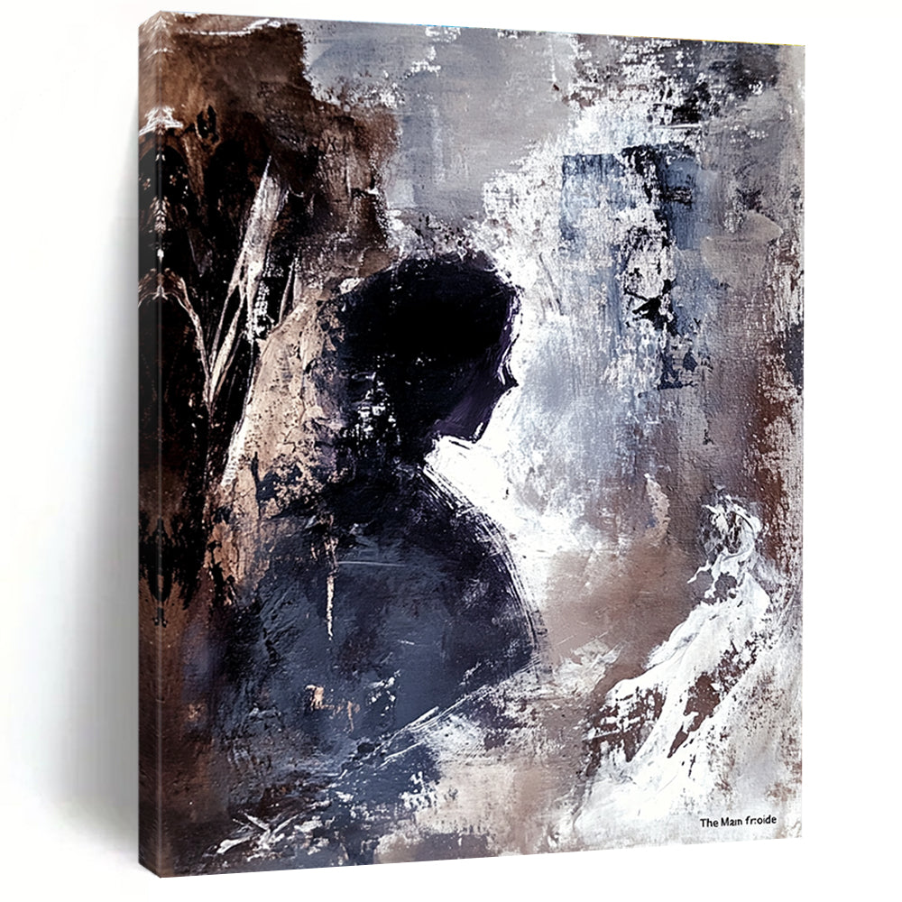 Large abstract painting of an ancient cave interior featuring a human figure in profile with strong brushstrokes conveying depth tension and mystery.STSC340