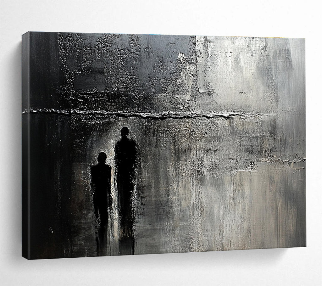 Abstract painting of an old textured wall with cracks and stains, featuring a faint silhouette, evoking mystery and deep emotion.SC446
