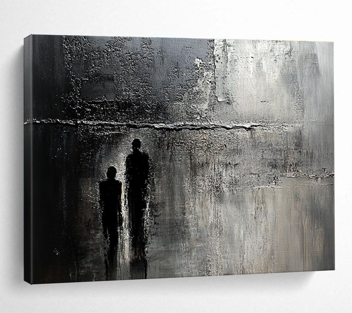 Abstract painting of an old textured wall with cracks and stains, featuring a faint silhouette, evoking mystery and deep emotion.SC446