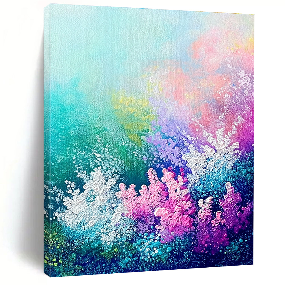 Large abstract painting of an underwater garden featuring vibrant coral sea flowers and plants in soft pastel hues.STSC1119