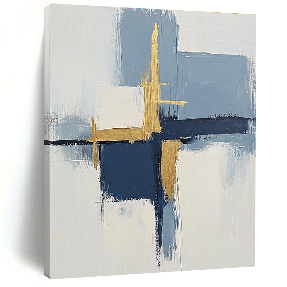 Blue and Gold Abstract Painting with Geometric Forms GER566