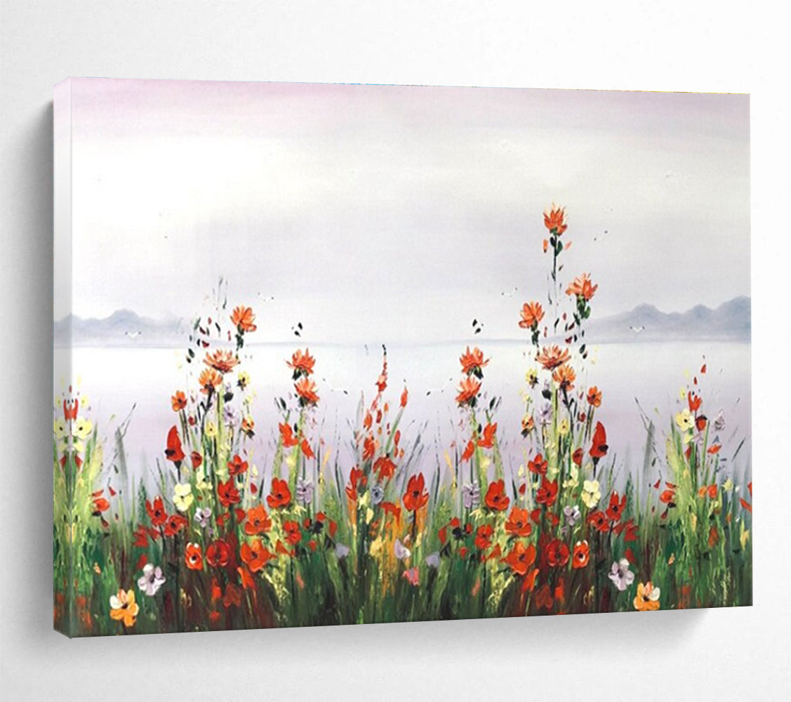 Wildflower Lake Abstract Painting with Red, Yellow, White, and Green Tones THY189