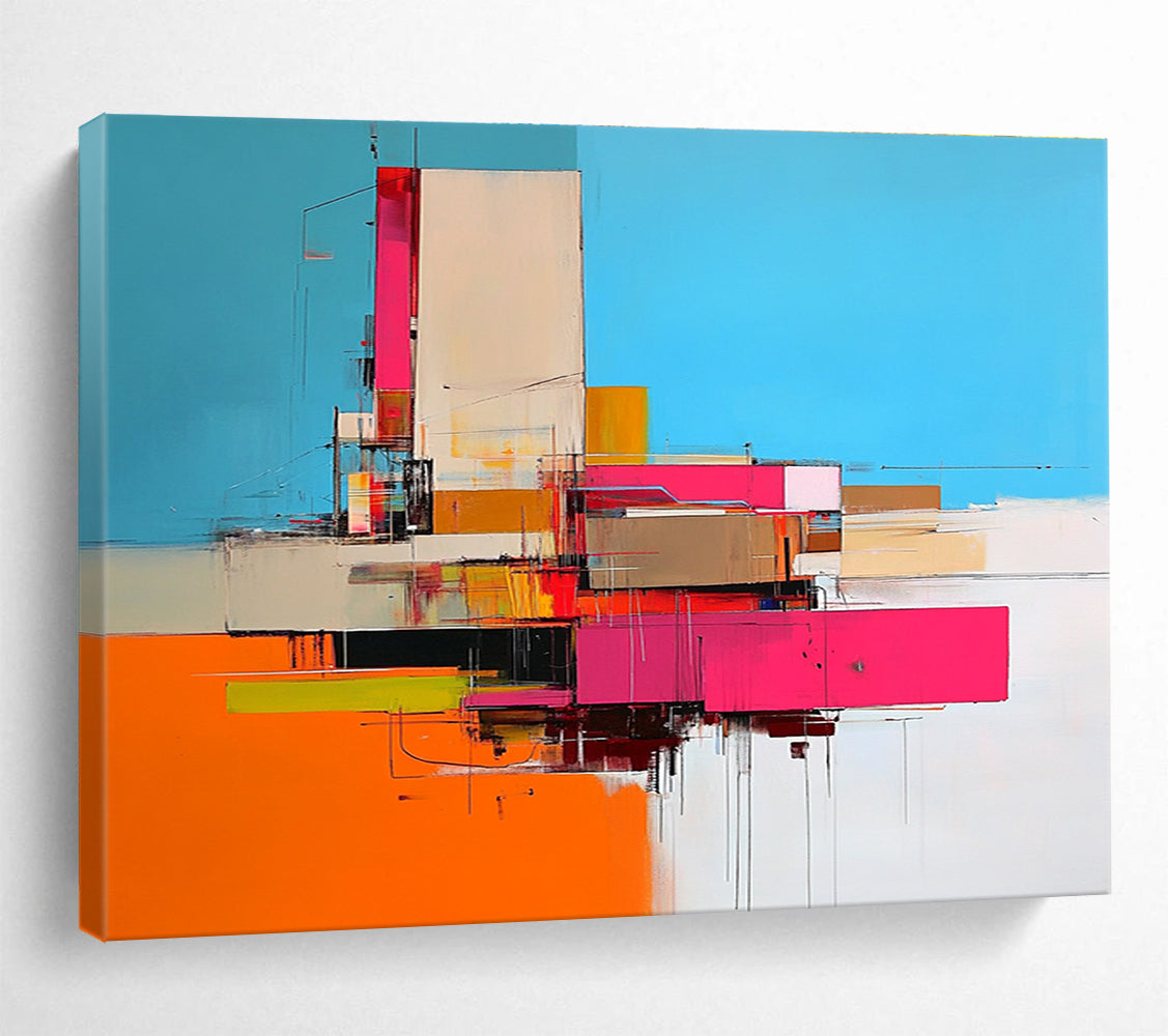Large abstract painting of an industrial building in vibrant pink and orange hues against a blue backdrop capturing dynamic beauty.SC159