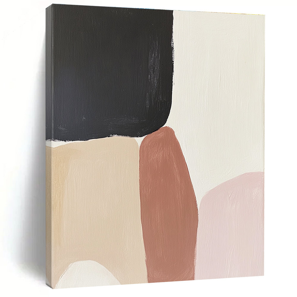 Large abstract painting inspired by Rothko featuring cream beige pink and black hues with earthy tones and organic shapes.STSC480