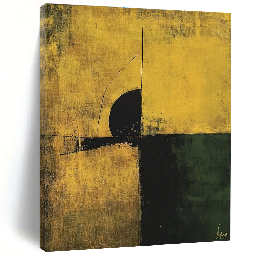 Large abstract painting in minimalist style featuring earthy yellow and green tones with black accents and simple line composition.STSC246