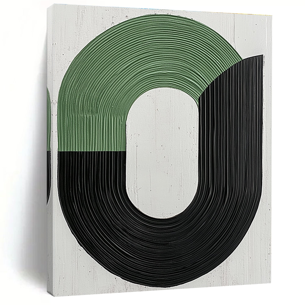 Large abstract painting featuring elegant black and green curved lines on a pure white background conveying calmness and movement ideal for wall decoration.STSC1141