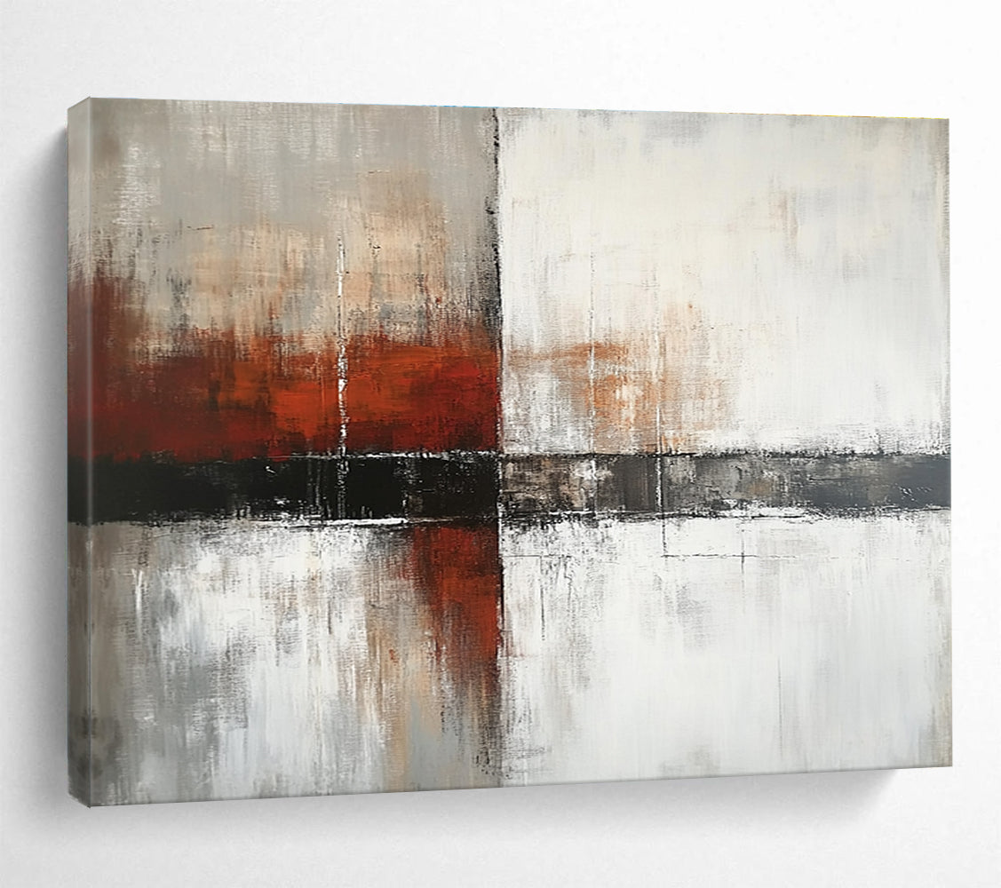 Large abstract painting with a calming color palette of white gray and soft tones featuring dark red orange brushstrokes and textured layers.SC592