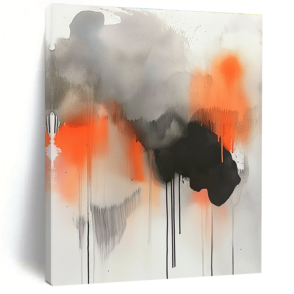 Large abstract painting featuring gray orange and black paint drips with watercolor clouds and smoke elements for a striking visual impact.STSC758