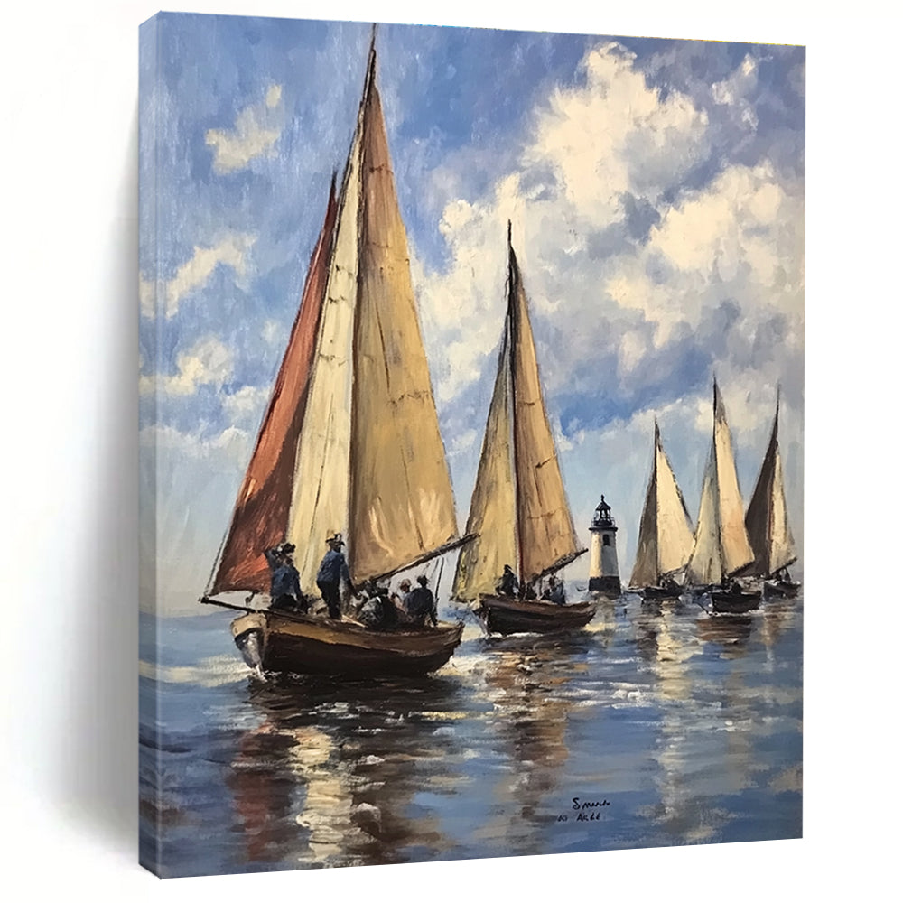 Abstract painting depicting sailboats on water under a light blue sky with clouds inspired by 20th-century French artists.STSC1134