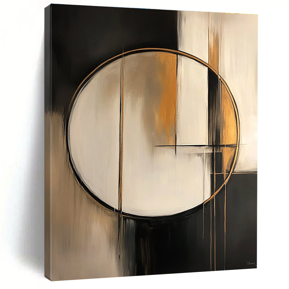 Large abstract painting featuring a white circle with gold lines set against an abstract geometric background in soft black grey and beige tones.STSC209
