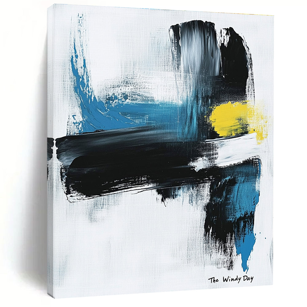 Large abstract painting in black and white with blue or yellow accents on light gray background featuring text The Windy Day.STSC1070