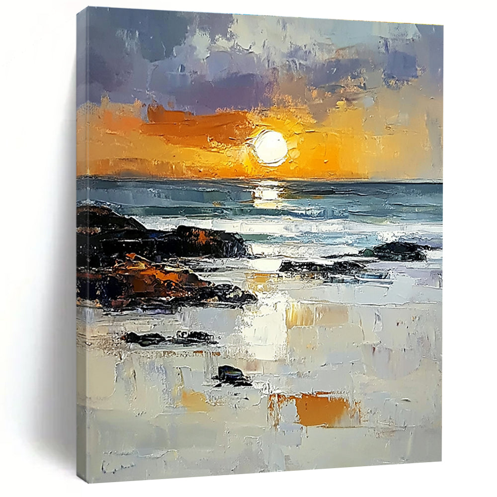 Abstract painting capturing the Irish coast with vibrant orange sunset rocks and reflective water showcasing textured brushstrokes in a bright sky.STSC882