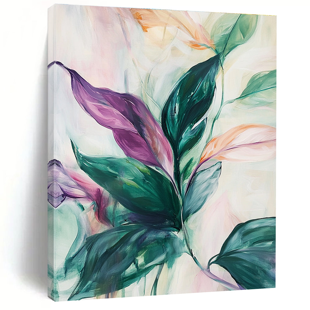 Large abstract painting of lush leaves in green pink purple and white with soft lines suggesting movement against a pale background evoking tranquility.STSC1048