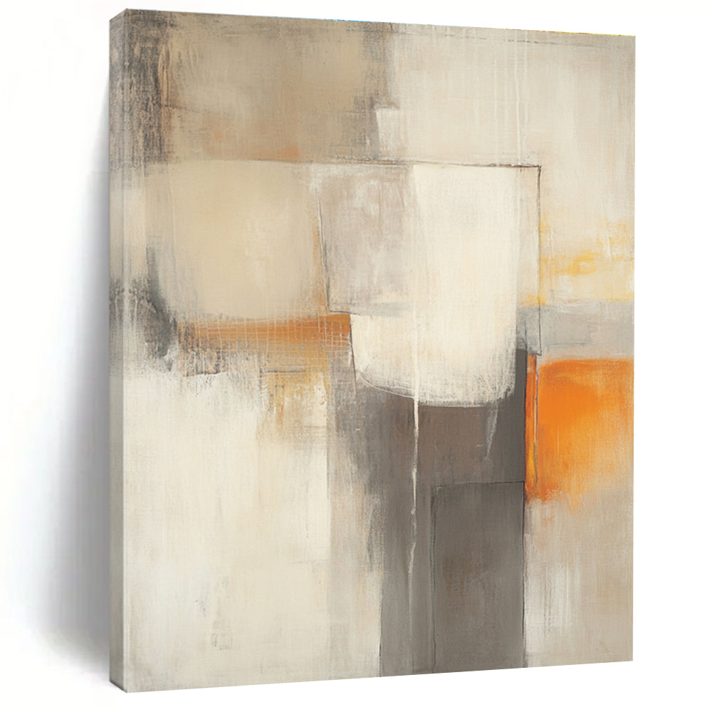 Large abstract painting in beige and grey tones featuring blurred geometric shapes and a subtle orange accent for vibrancy.STSC753