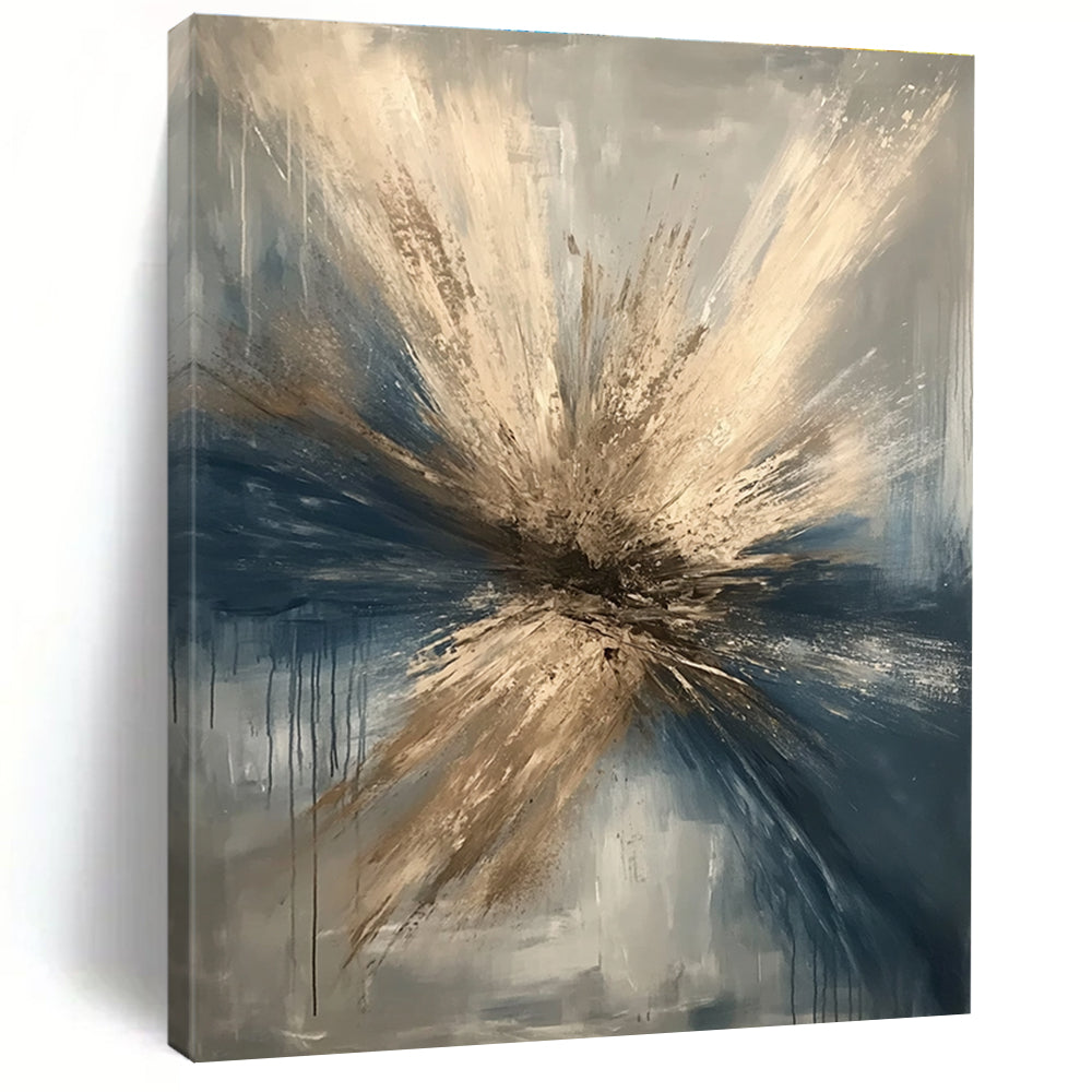Large abstract painting depicting a winter tornado in beige and dark blue with gray background featuring a detailed metallic focal point suggesting destruction.STSC644