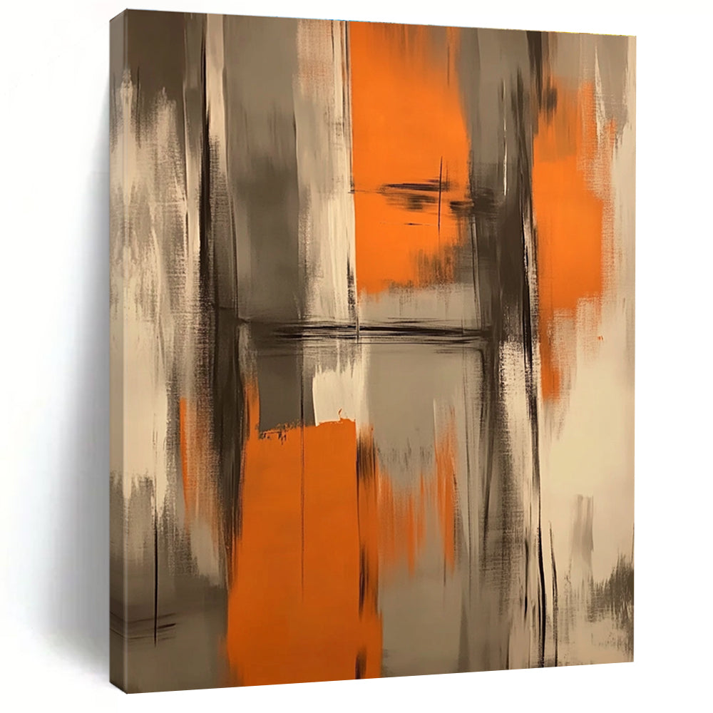 Large abstract painting featuring orange and gray brush strokes creating an atmospheric background perfect for a furniture exhibition inspired by Chinese aesthetics.STSC782