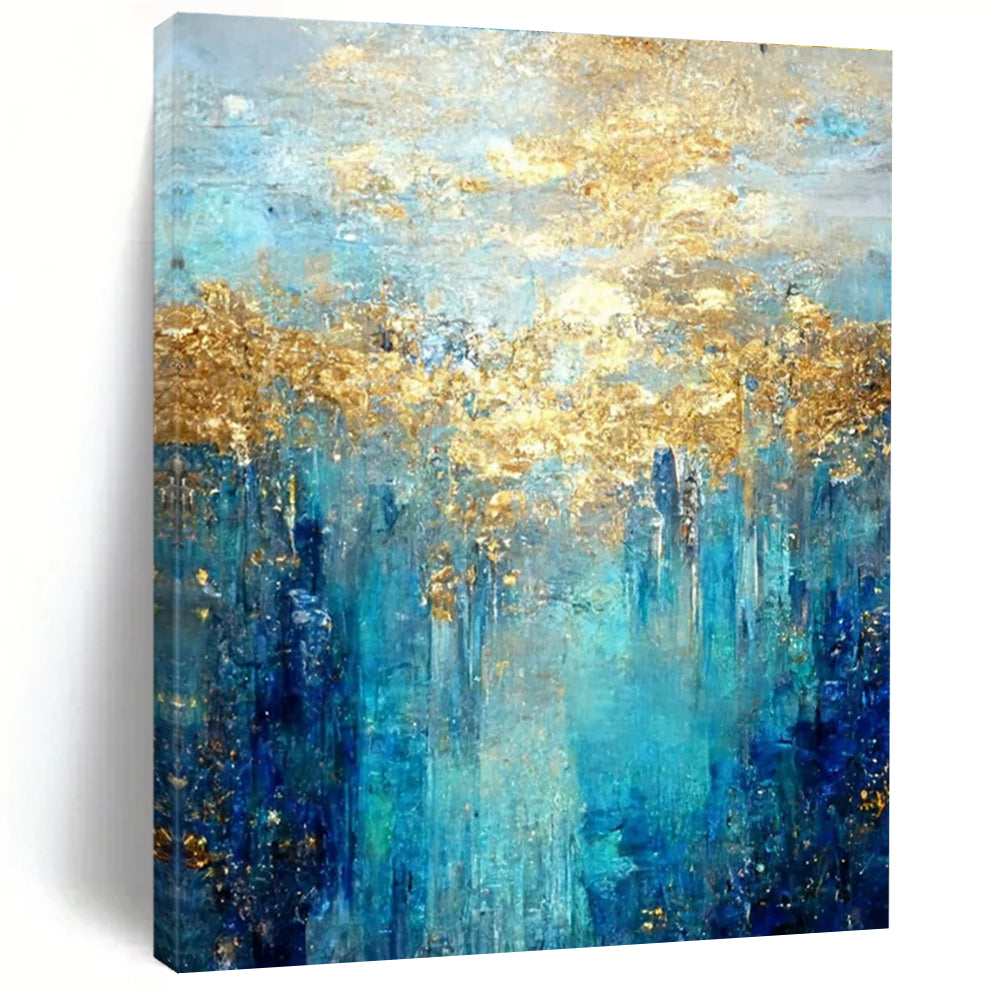 Blue Abstract Painting with Golden Forest - like Patterns ADGE065
