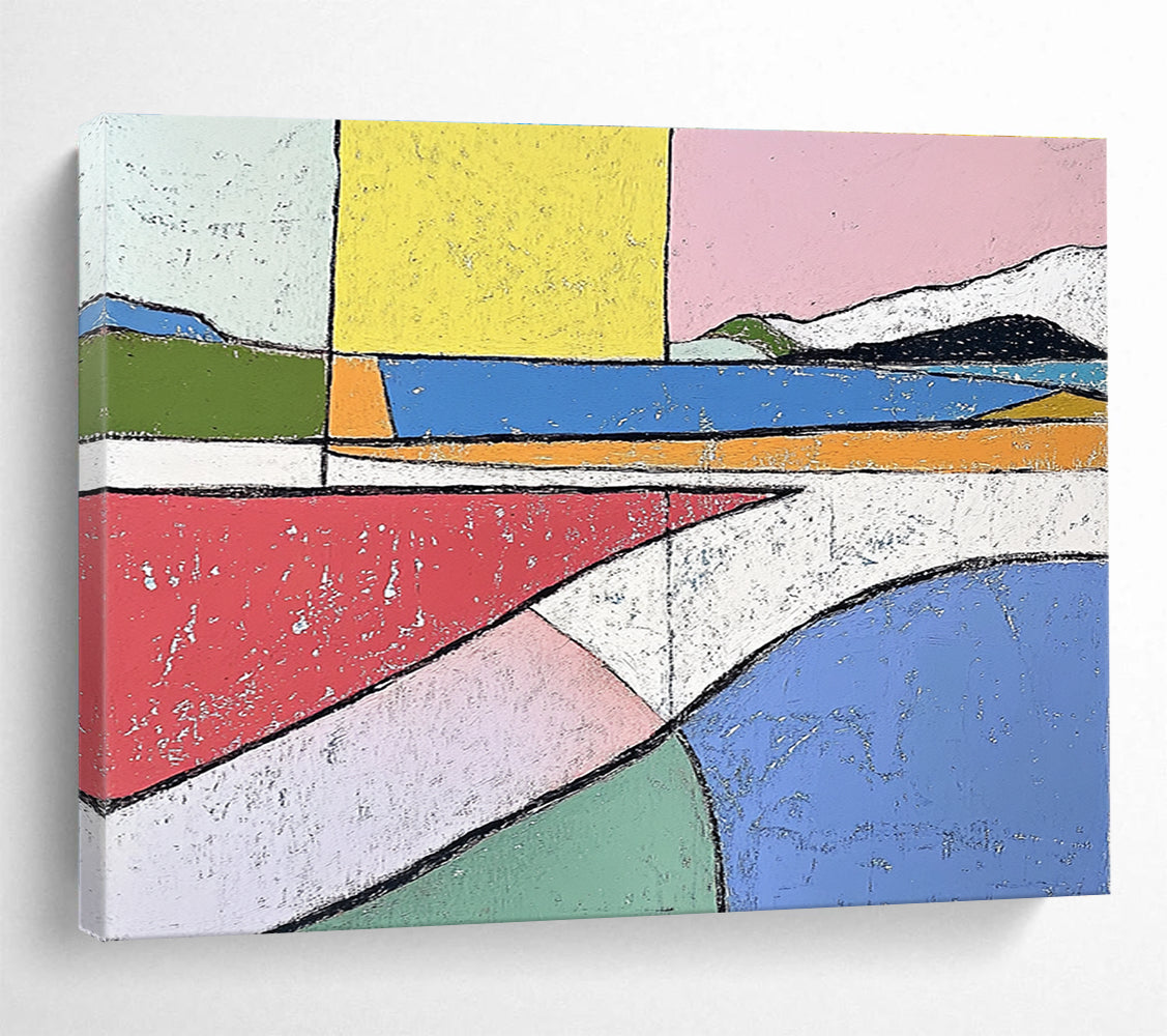 Large abstract painting in pastel colors featuring bold shapes and minimalistic design inspired by Etel Adnan and Henri Matisse.SC061