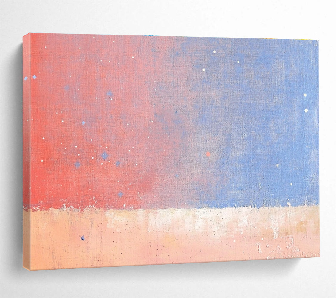 A large abstract painting depicting the sky and stars over an orange desert with soft pink and blue tones in a minimalist style.SC366